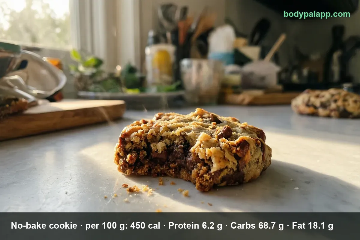 A single no-bake cookie with a bite taken out and melted chocolate on top, resting on a counter.