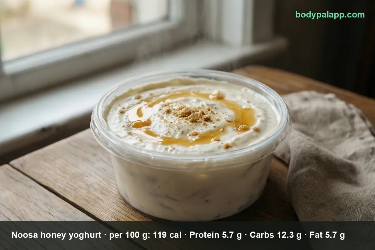 Clear plastic tub of thick yoghurt topped with honey and crumbs