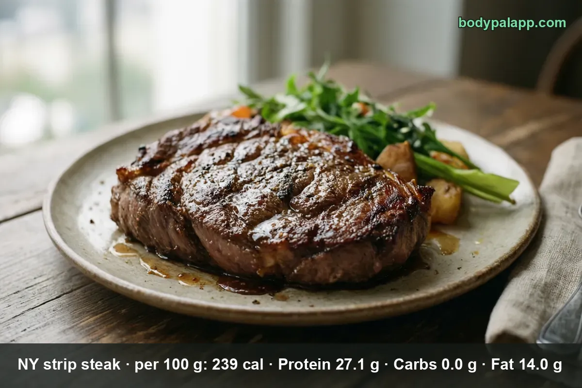 Grilled NY strip steak on a plate with arugula and roasted potatoes.