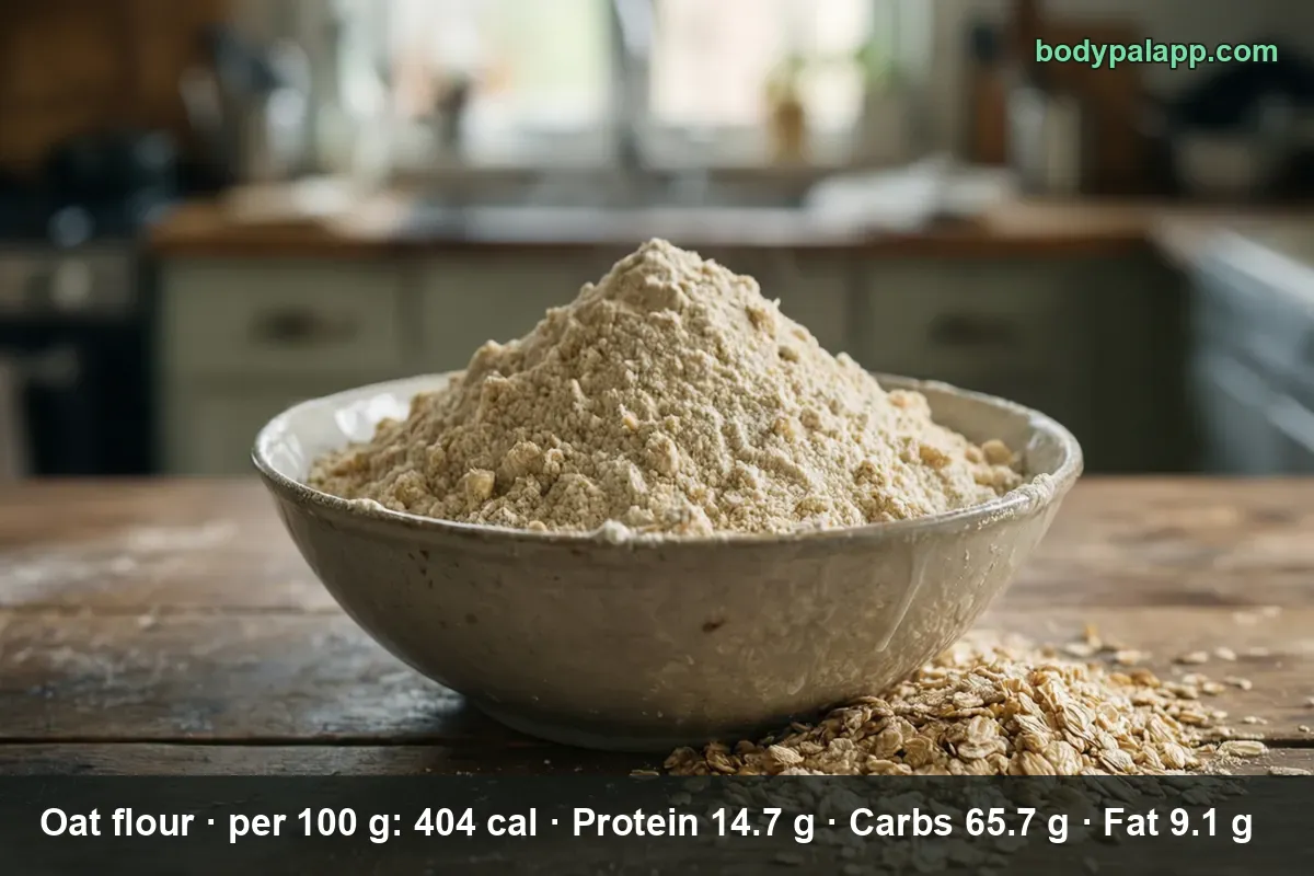 Large bowl heaped with pale oat flour and a small pile of whole oats beside it.