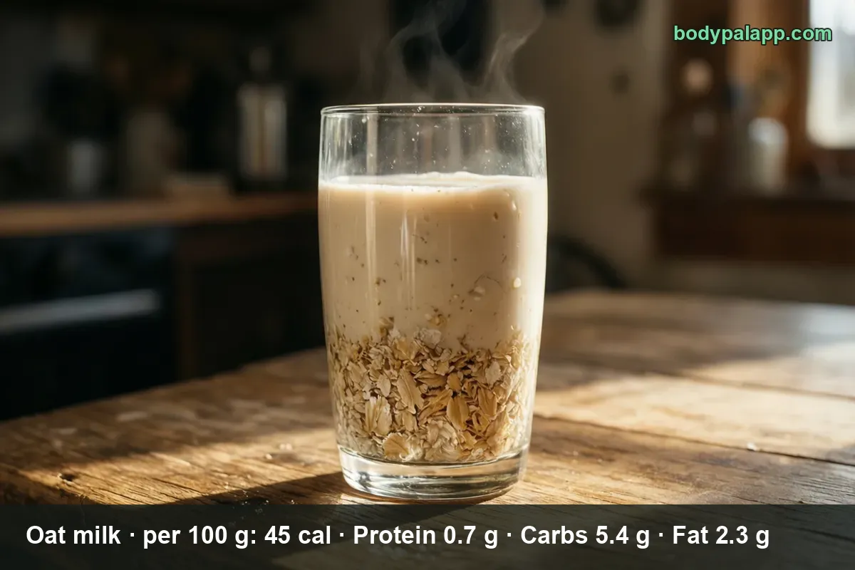 Glass of homemade oat milk with nut sediment at the bottom and steam rising from the surface