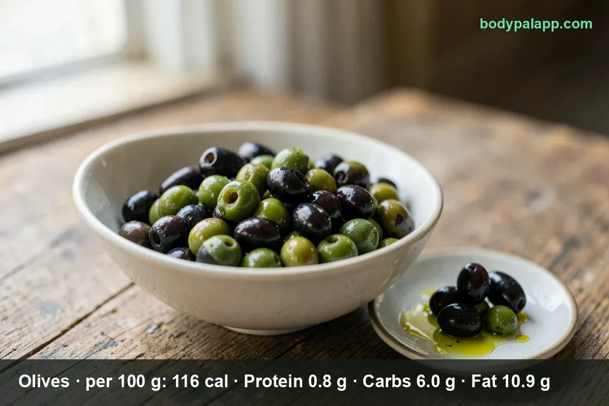 Close-up bowl of olives with a light wisp of steam