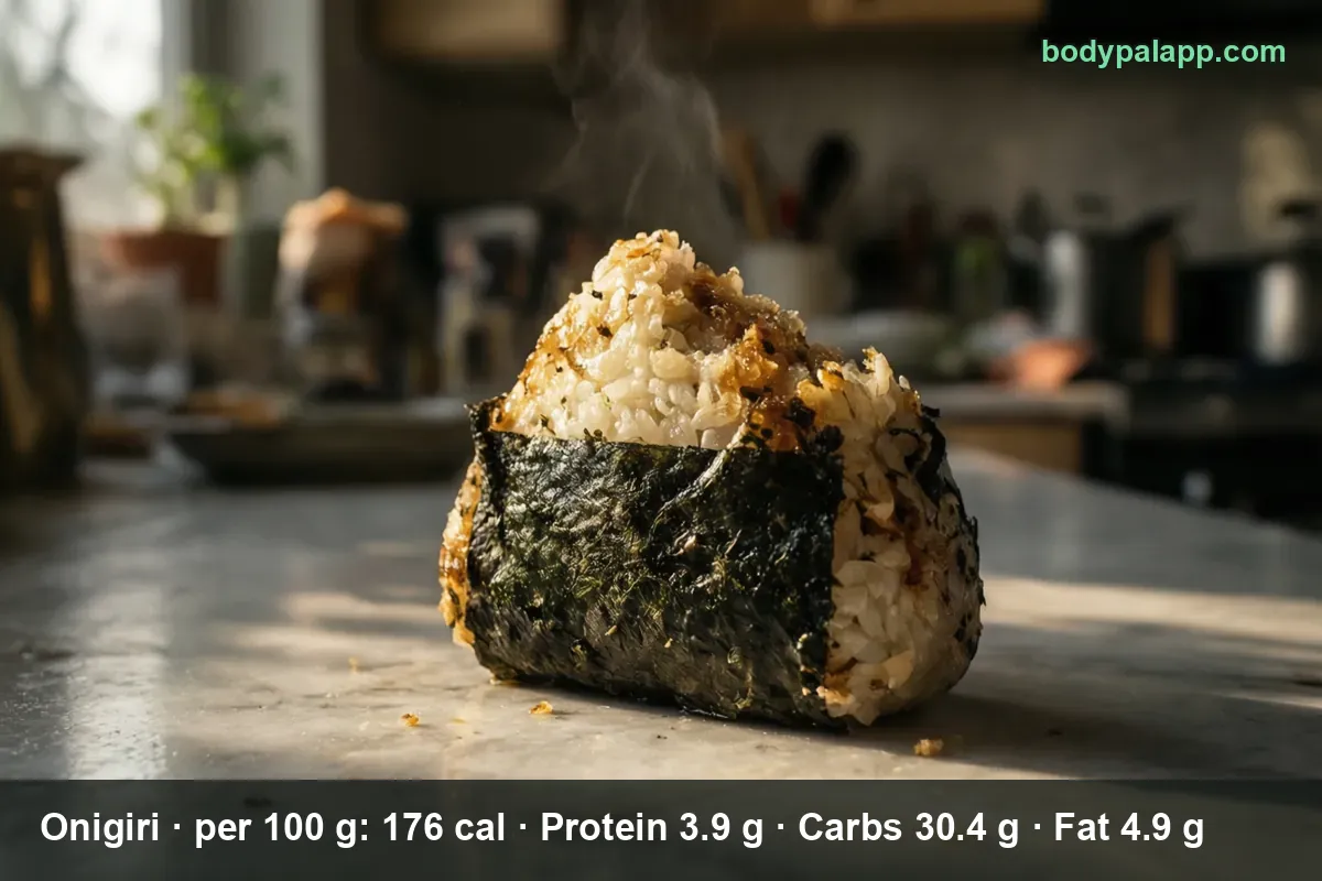 Macro of one triangular onigiri wrapped in a nori strip on a marble counter, steam rising from the rice.