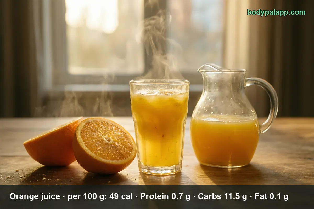 Tall glass of orange juice with ice next to a small pitcher and two orange halves on a wooden table, steam rising.