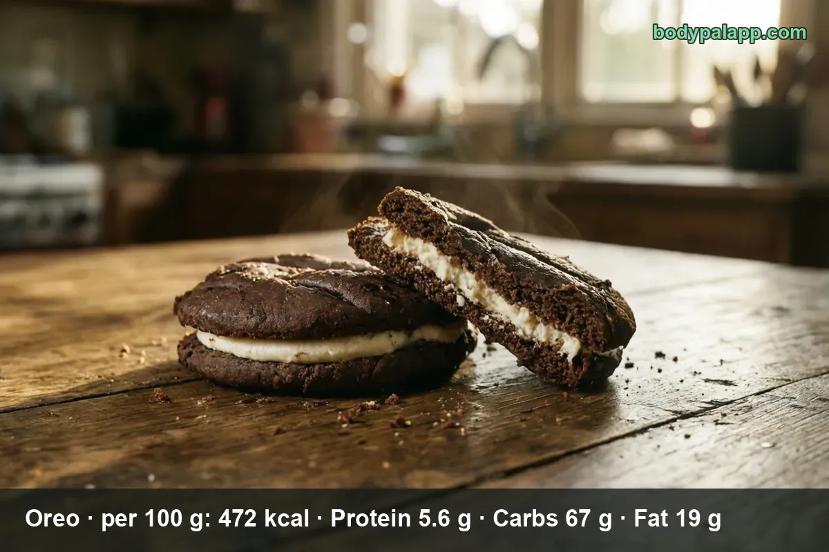 Oreo biscuits on a plate with a glass of milk - 52 calories per biscuit