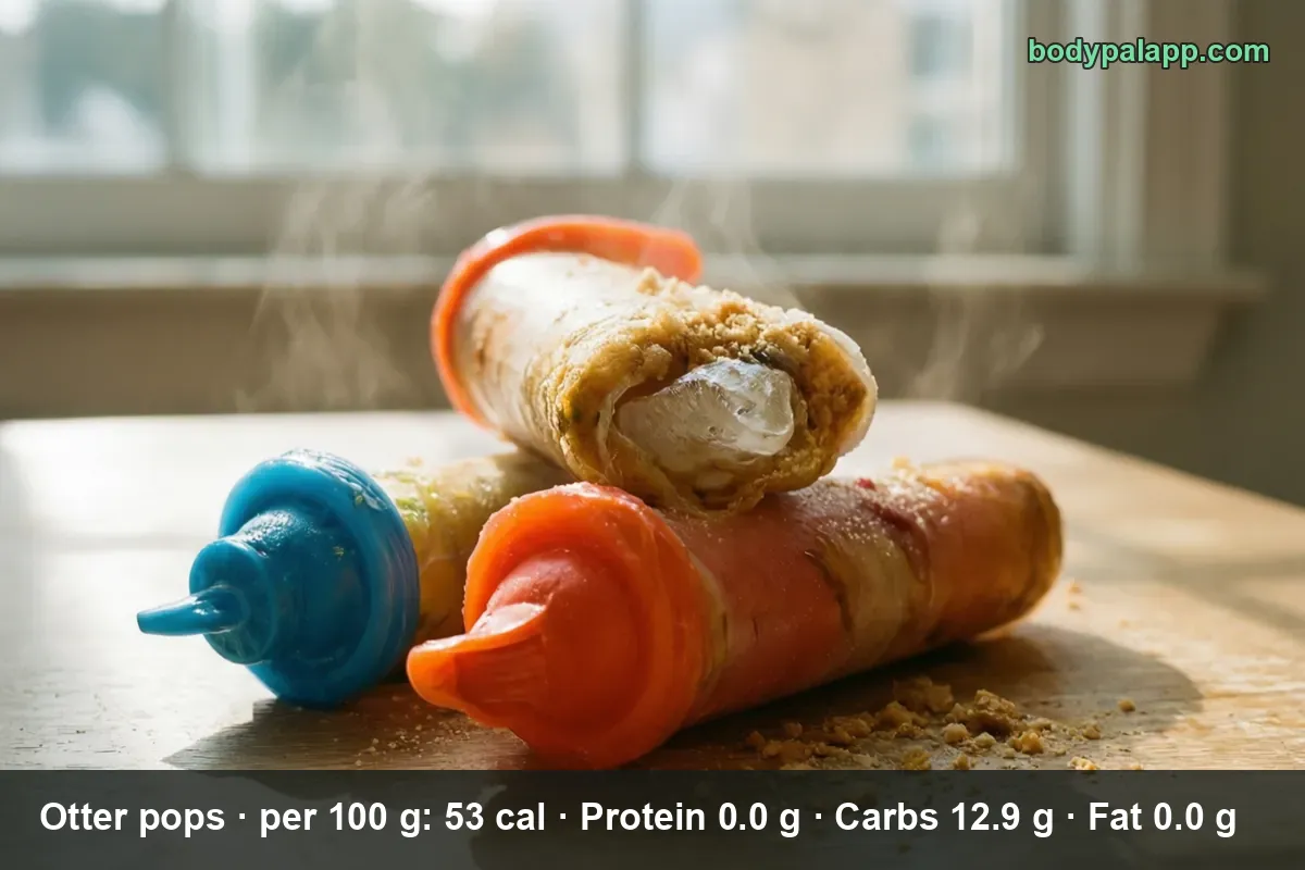 Three frozen ice pops in plastic tubes with blue and orange tips, the middle one cut open showing the ice inside.