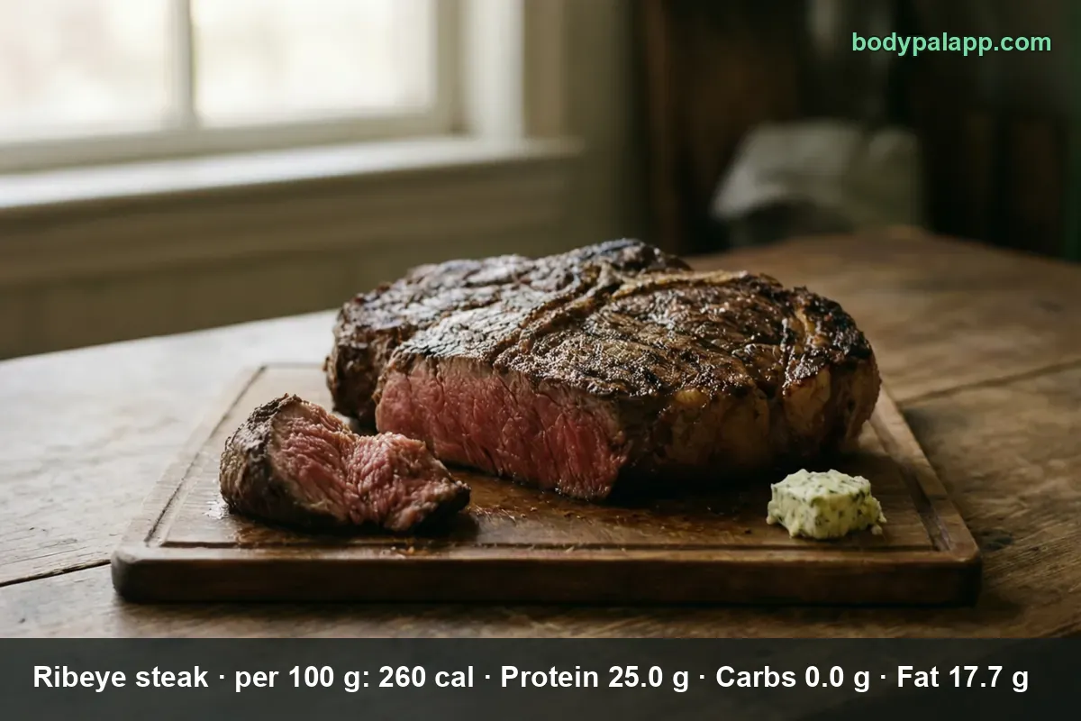 Cooked medium-rare ribeye steak on a wooden board with one pink slice cut off and herb butter on top.