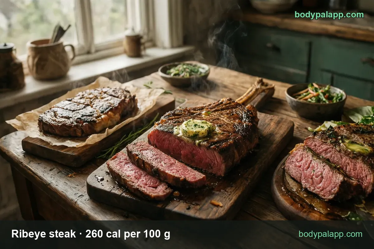 Three cooked ribeye steaks on wooden boards, one bone-in tomahawk sliced, with green sides behind; 240 g steak 624 cal, 1 oz 74 cal.