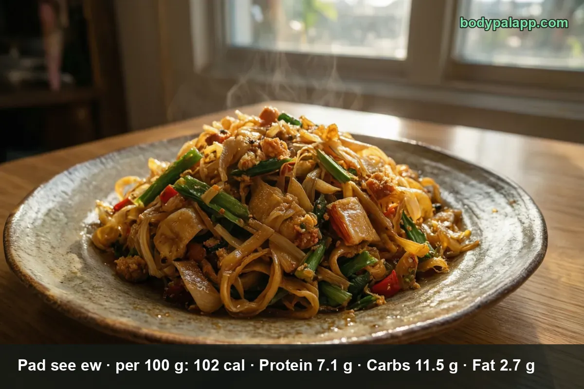 Steaming pile of wide rice noodles stir-fried with Chinese broccoli and meat on a plate — pad see ew.