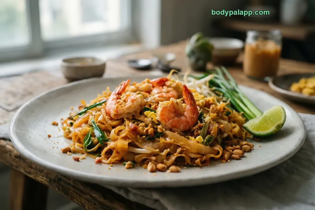 Pad thai with shrimp, seafood pad thai, prepared