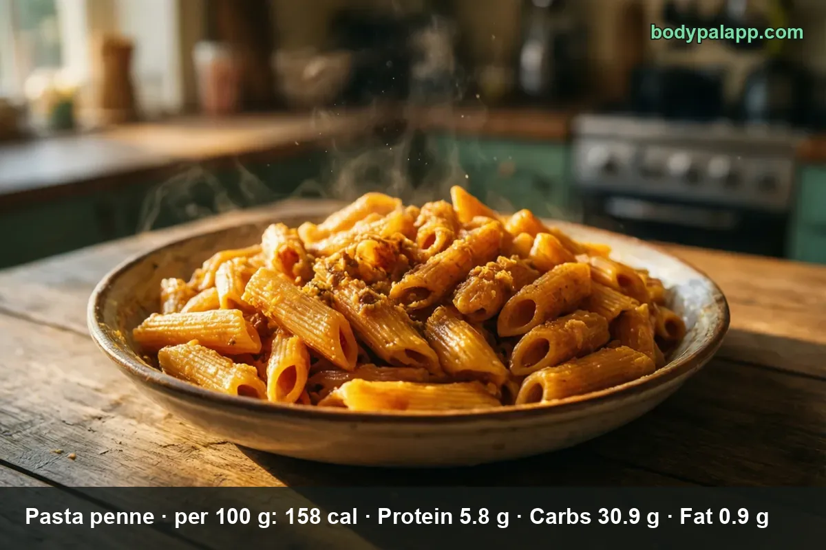 Close-up bowl of steaming penne pasta in orange sauce