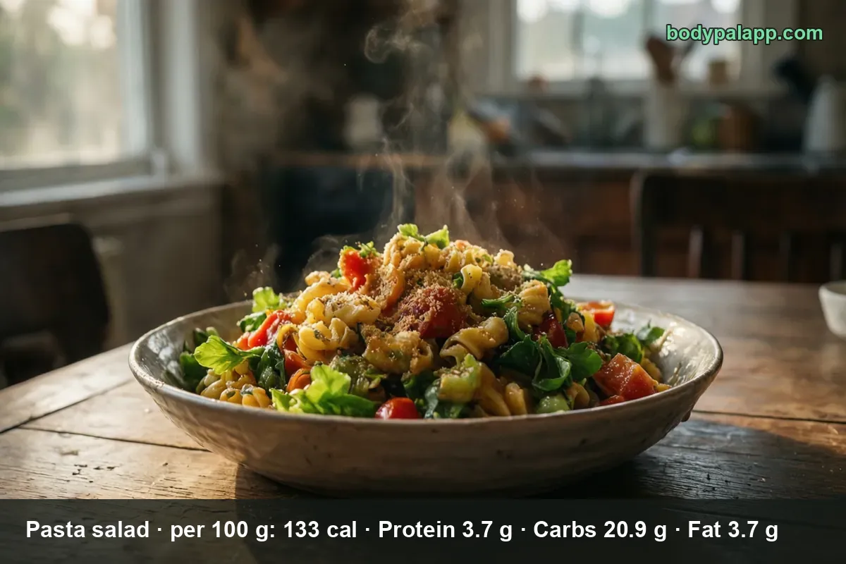 Fusilli pasta salad with cherry tomatoes and green herbs, lightly steaming