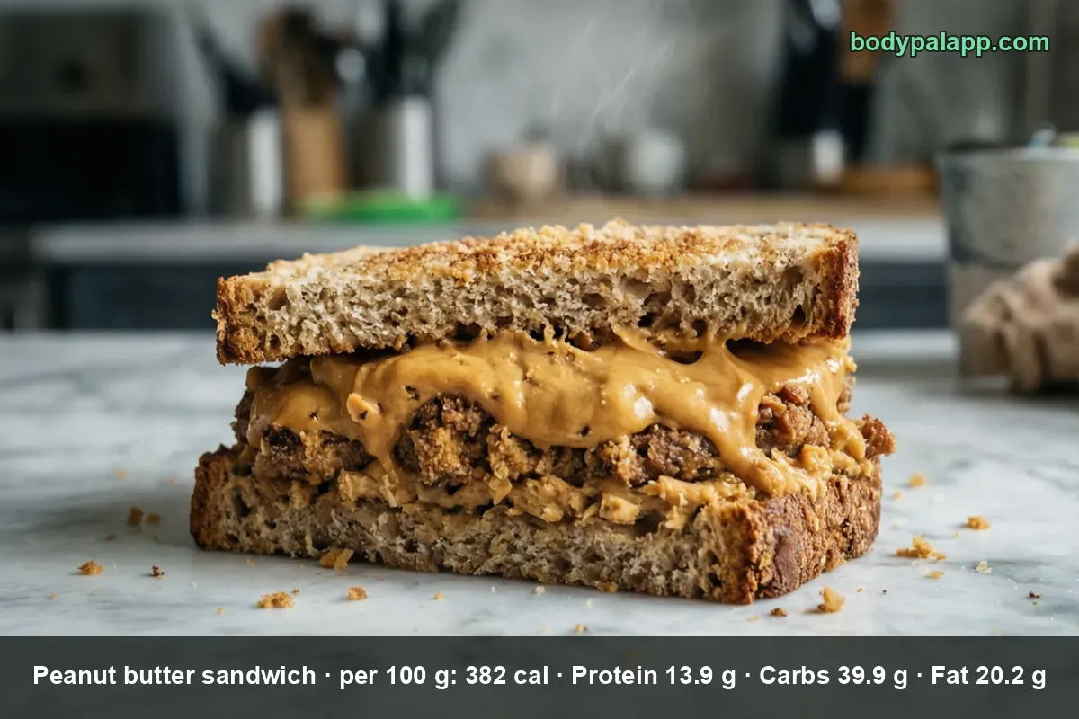 Peanut butter sandwich of two whole wheat bread slices with a thick layer of chunky peanut butter on a marble countertop