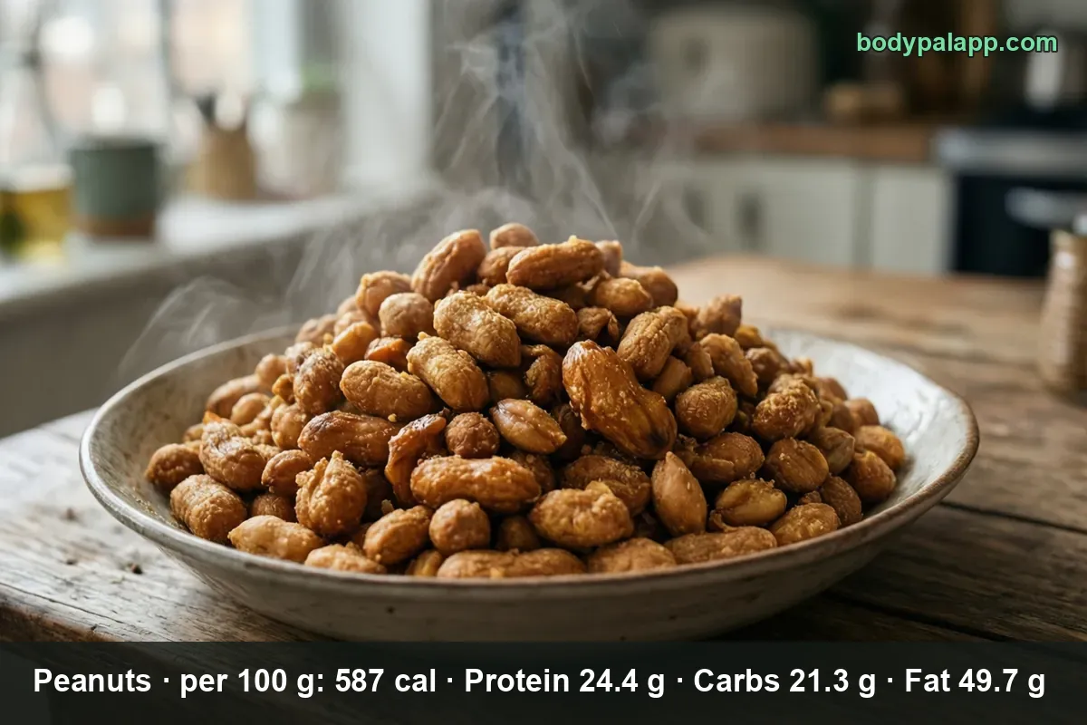 A bowl heaped with roasted peanuts, about 1½ cups - 164 calories per ounce