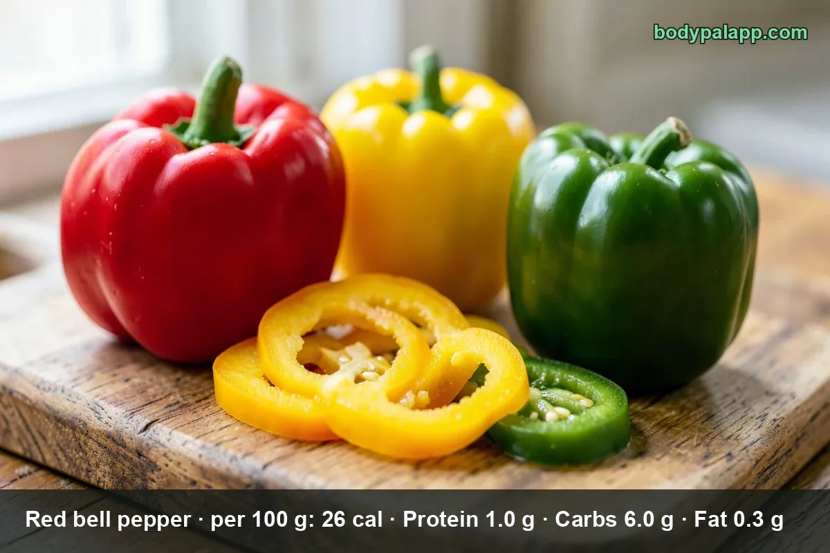 Close-up of a whole red bell pepper beside a steaming halved roasted orange-yellow pepper