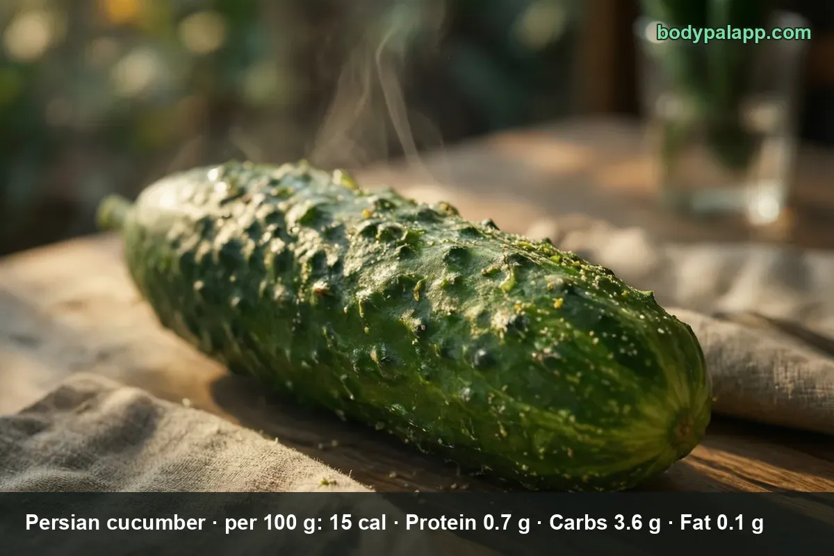 Whole bumpy Persian-type cucumber on a wooden board, misted with water droplets