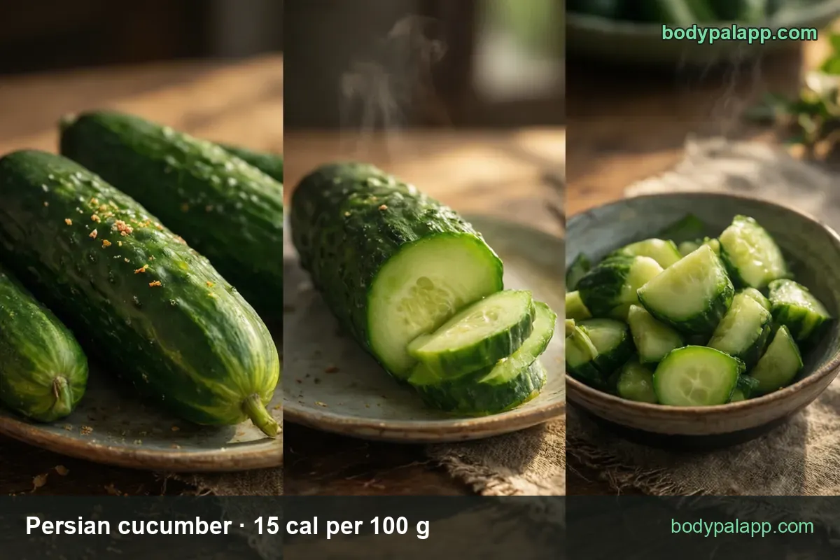 Three panels: whole cucumbers on a plate, cucumber rounds and a bowl of chopped pieces; chips 1 cucumber (85 g) and 1 cup sliced (104 g)
