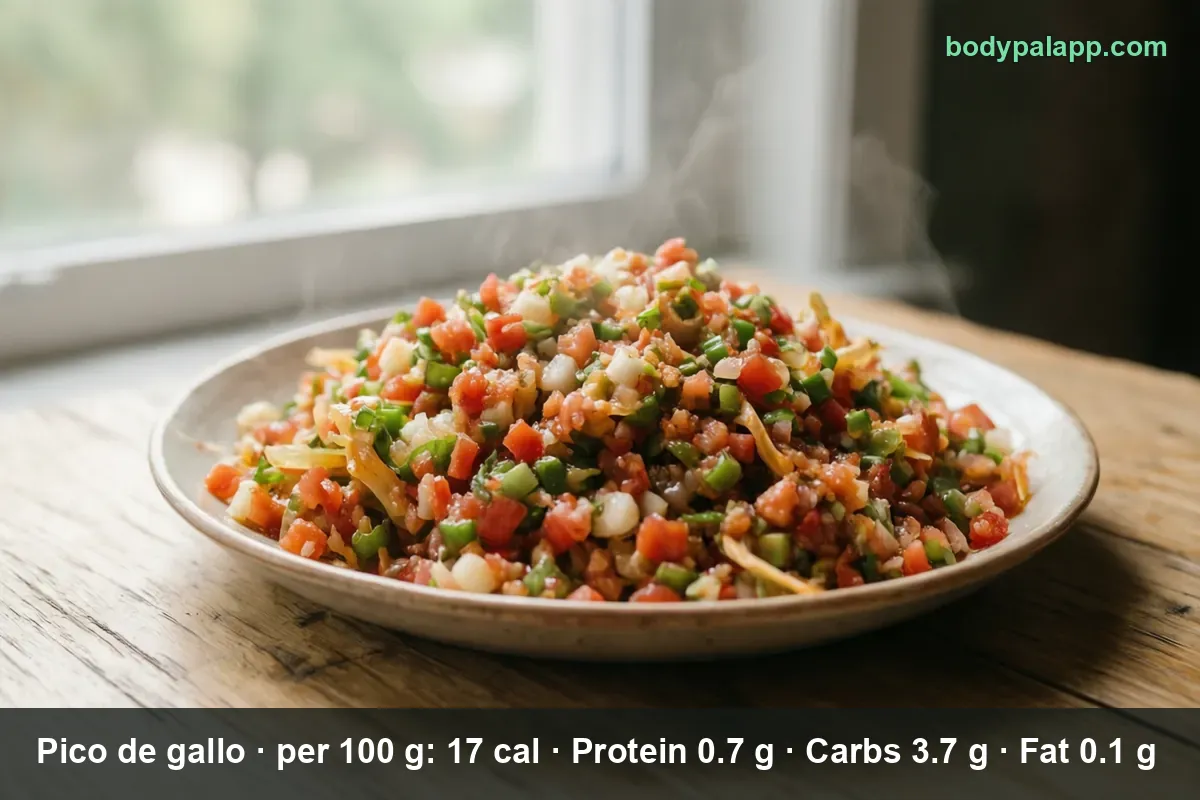 Shallow plate piled high with finely chopped pico de gallo of tomato, onion, green pepper and seasonings