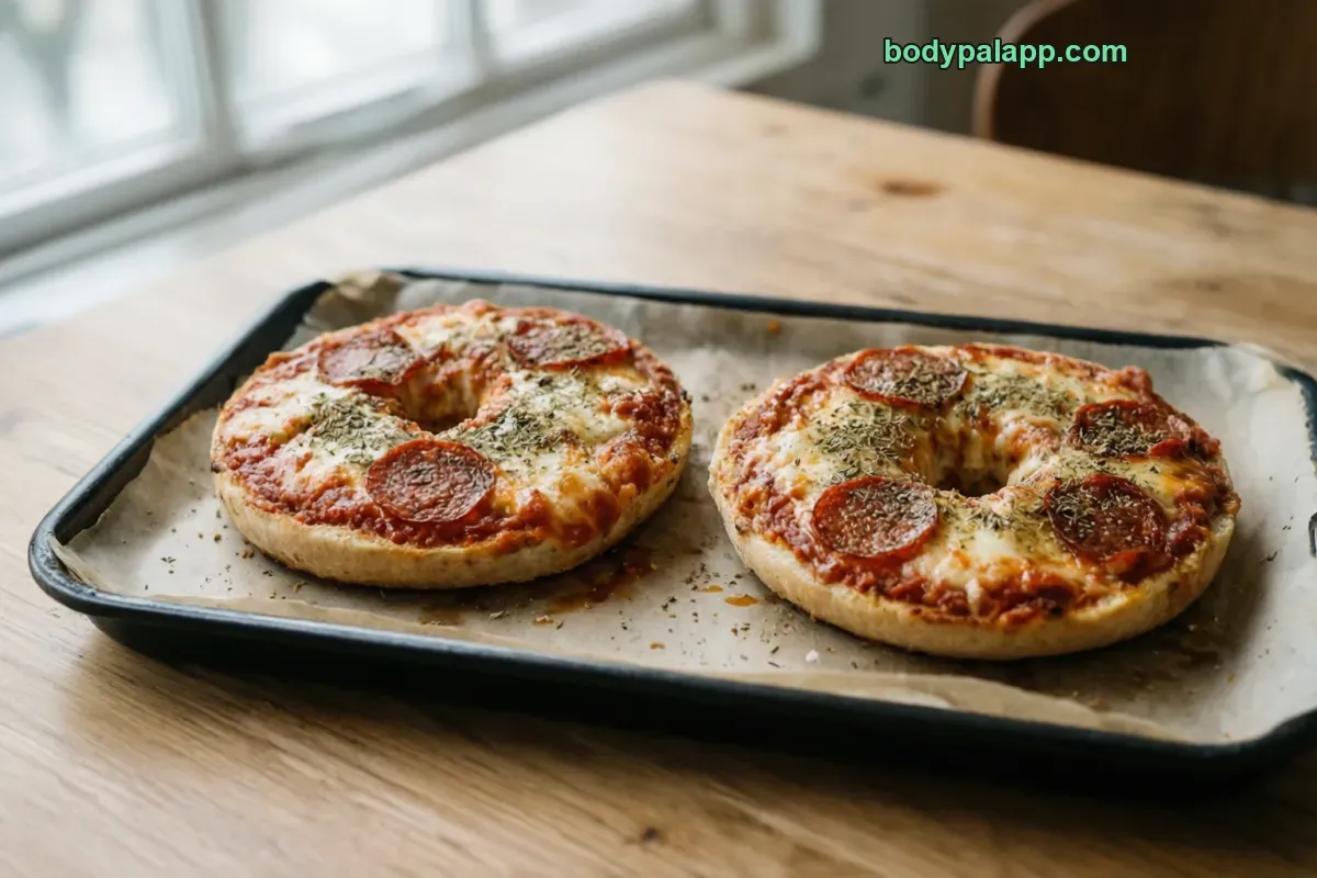 Pizza bagel, cheese and sauce, baked