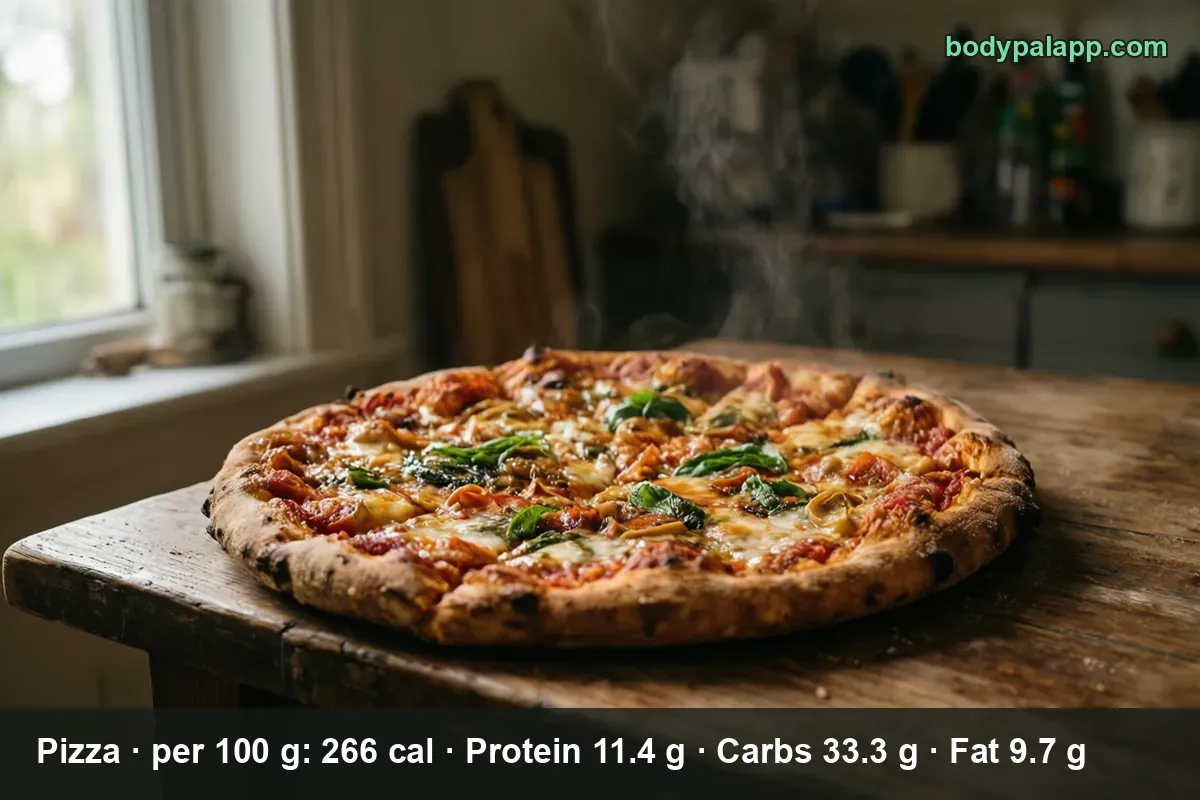 A whole uncut 12-inch pizza with tomato sauce and melted cheese on a wooden table - 1,838 calories for the whole pie