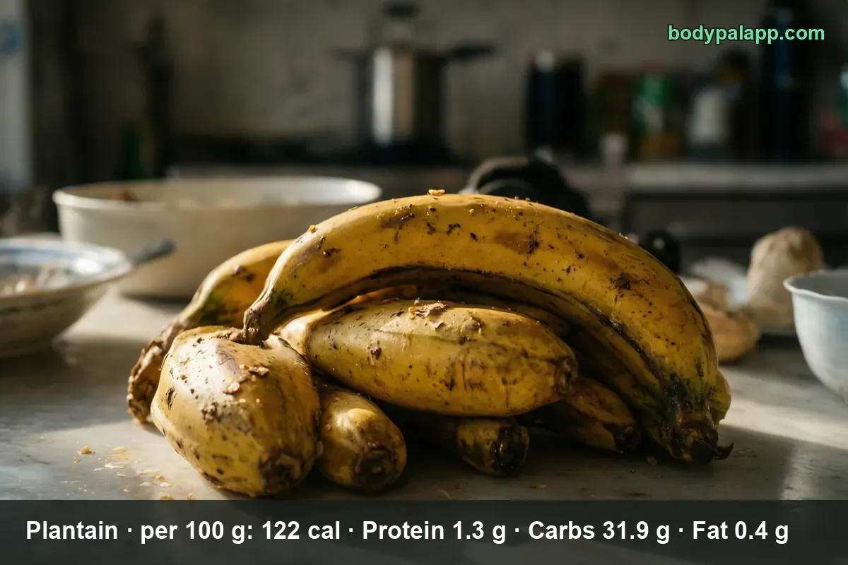 Pile of six ripe yellow plantains with brown spots resting on a kitchen counter