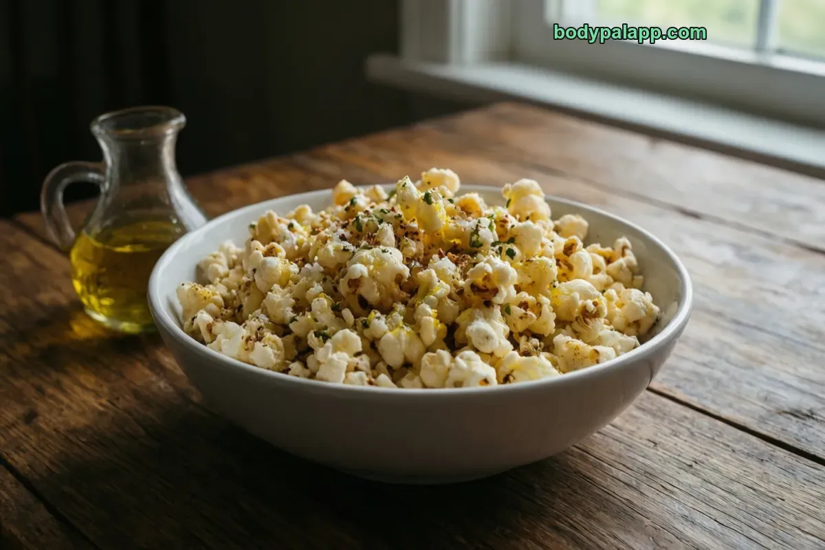 Popcorn with olive oil, oil-popped, unsalted