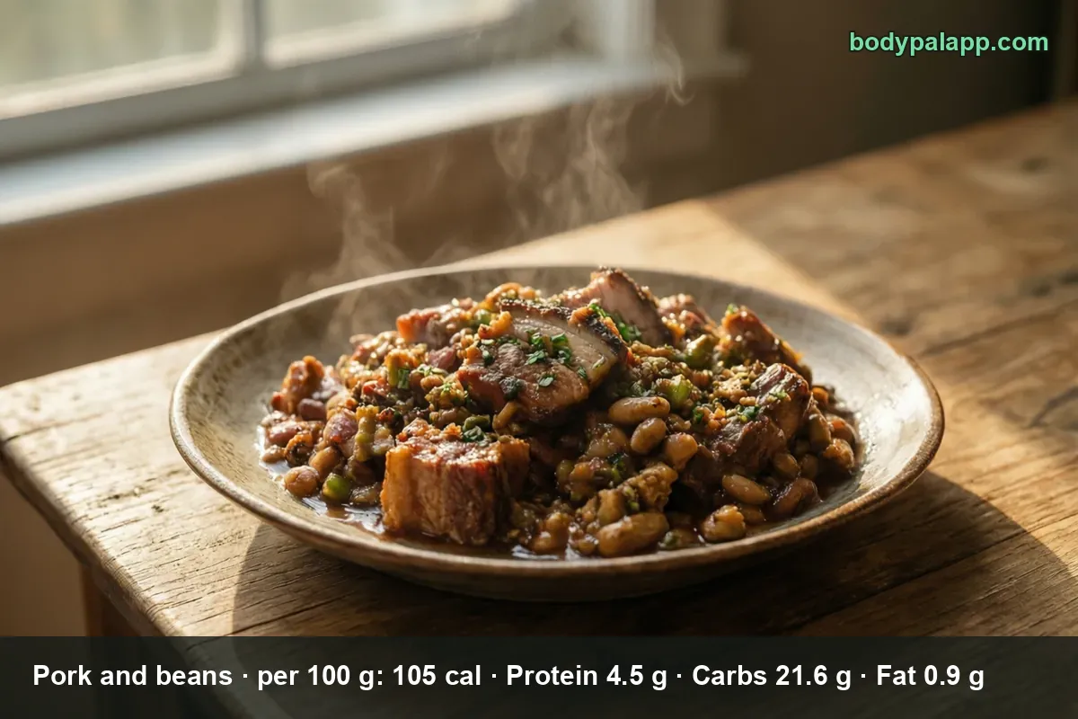 Plate of pork and beans with large chunks of roast pork in a dark, thick sauce, steam rising from the beans