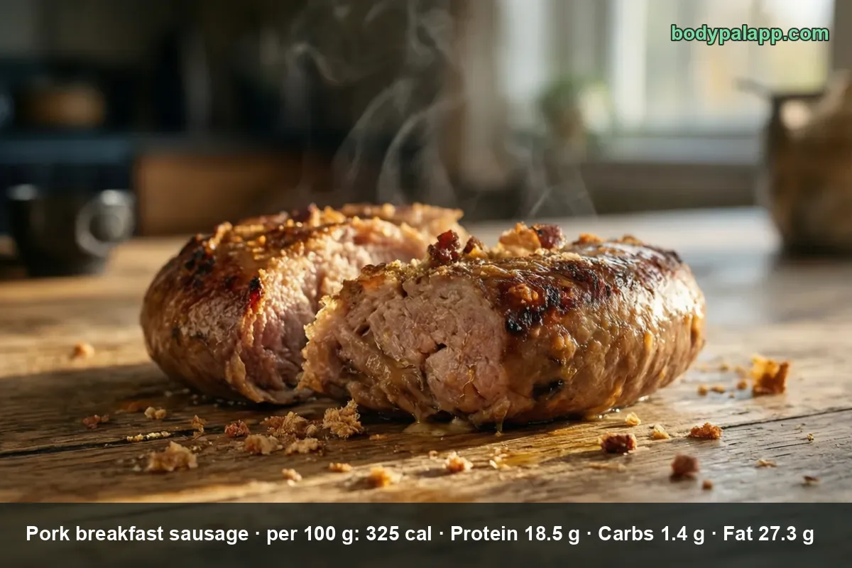 One large cooked pork breakfast sausage cut open, pink inside, steam rising, on a wooden board.