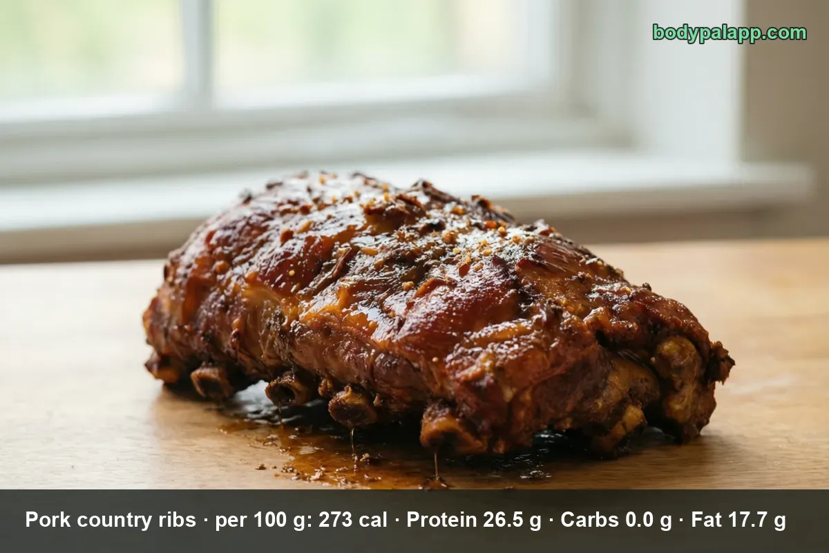 Whole glazed roasted rack of pork country-style ribs on a wooden board, sauce running off onto the paper