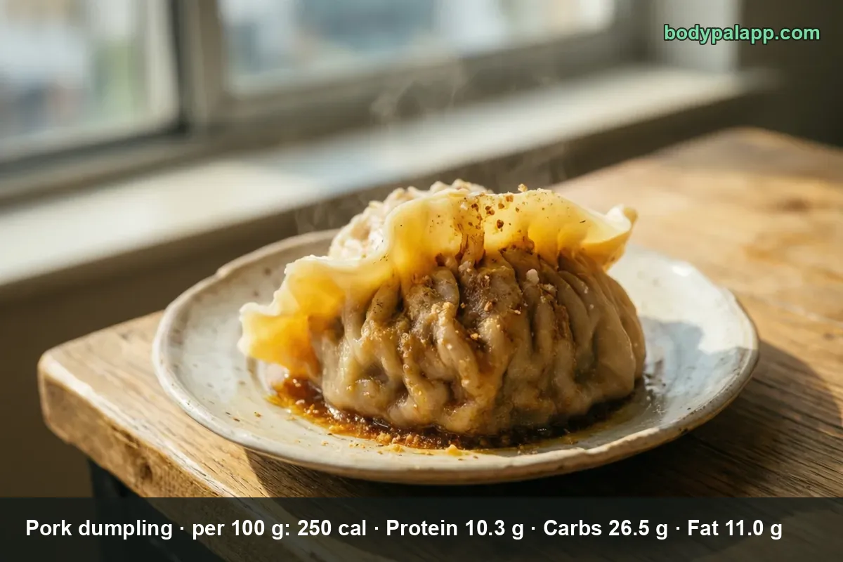One large pleated pork dumpling on a plate with dipping sauce and rising steam