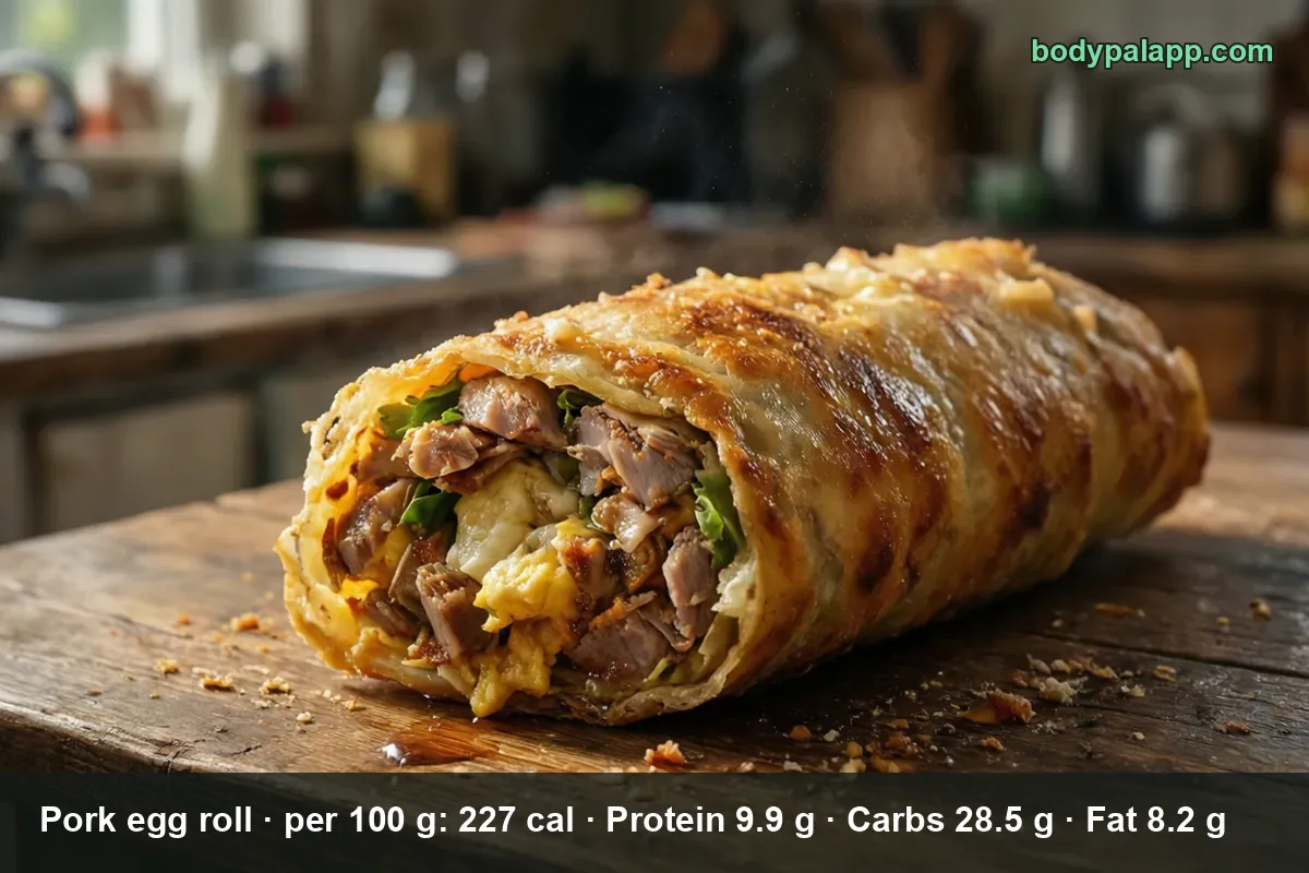One large pork egg roll cut in half on a wooden table, showing pork, scrambled egg, cheese and cabbage filling in a soft baked wrapper