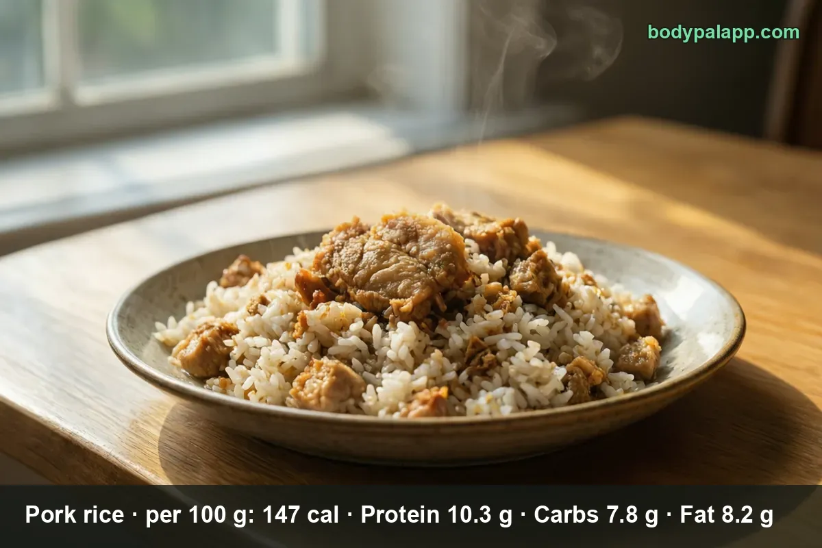 Plate of white rice topped with pieces of cooked pork