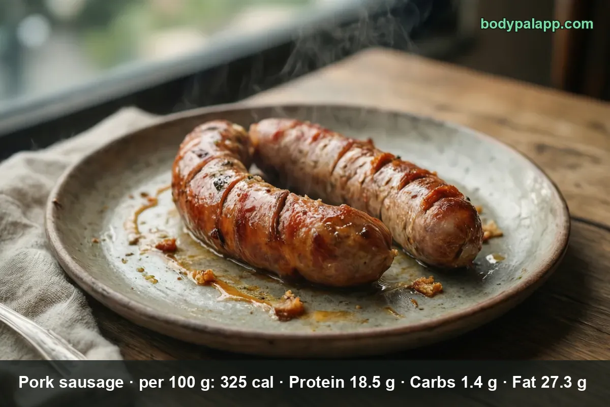 Two browned pork sausages on a plate, steaming, with a small pool of sauce beside them