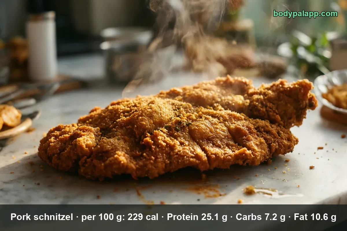 One large golden breaded pork schnitzel steaming on a marble surface
