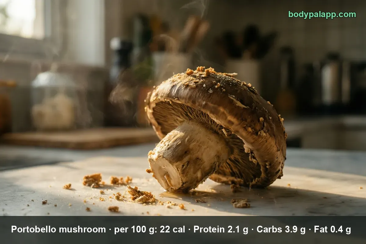 One whole raw portobello mushroom with its stem, lying on its side with a few crumbs around it.