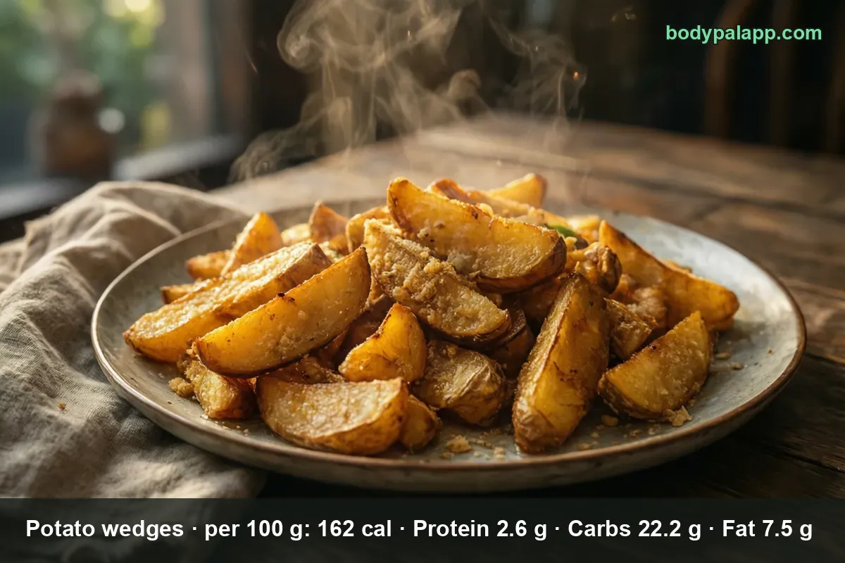 Plate piled high with crispy potato wedges, coating crumbs scattered around and steam rising off the pile.