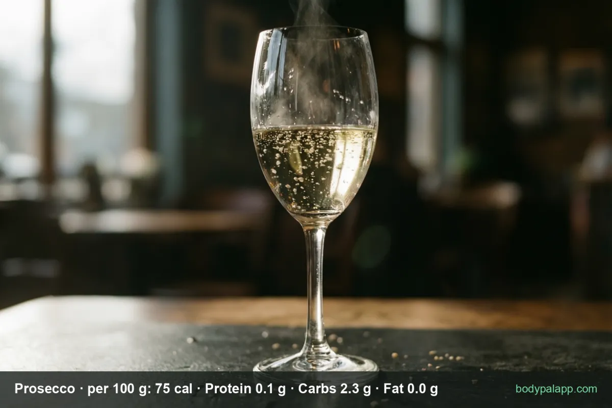 Plate of breaded baked food with a flute of prosecco and a green bottle on a wooden table