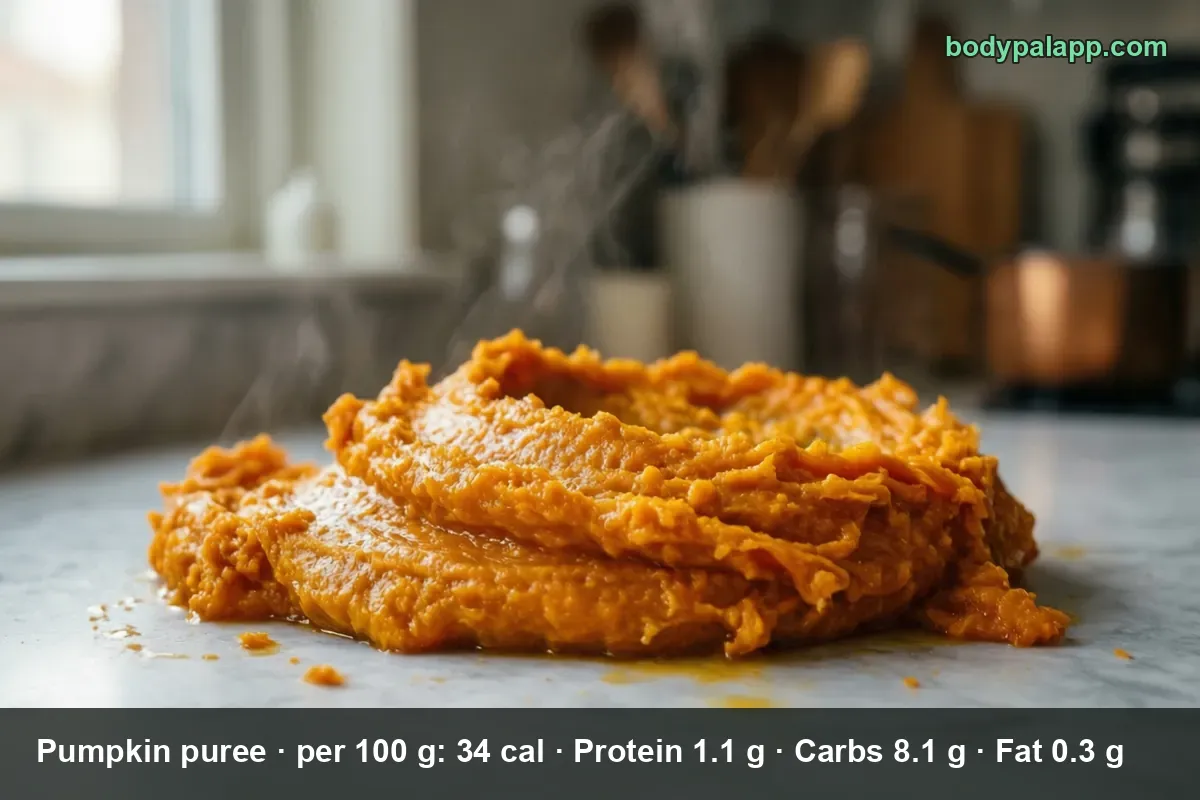 Smooth mound of bare orange pumpkin puree on a marble surface, steam rising