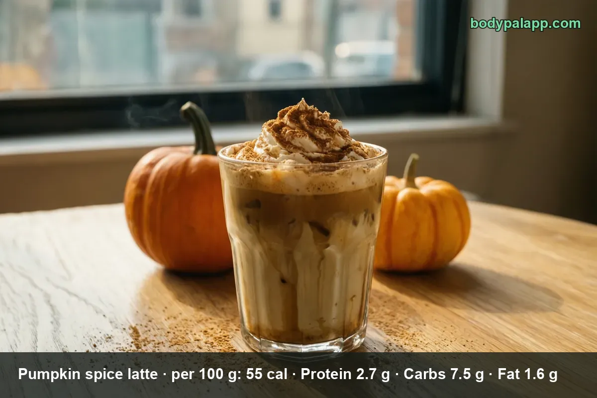 Layered pumpkin spice latte in a glass topped with whipped cream