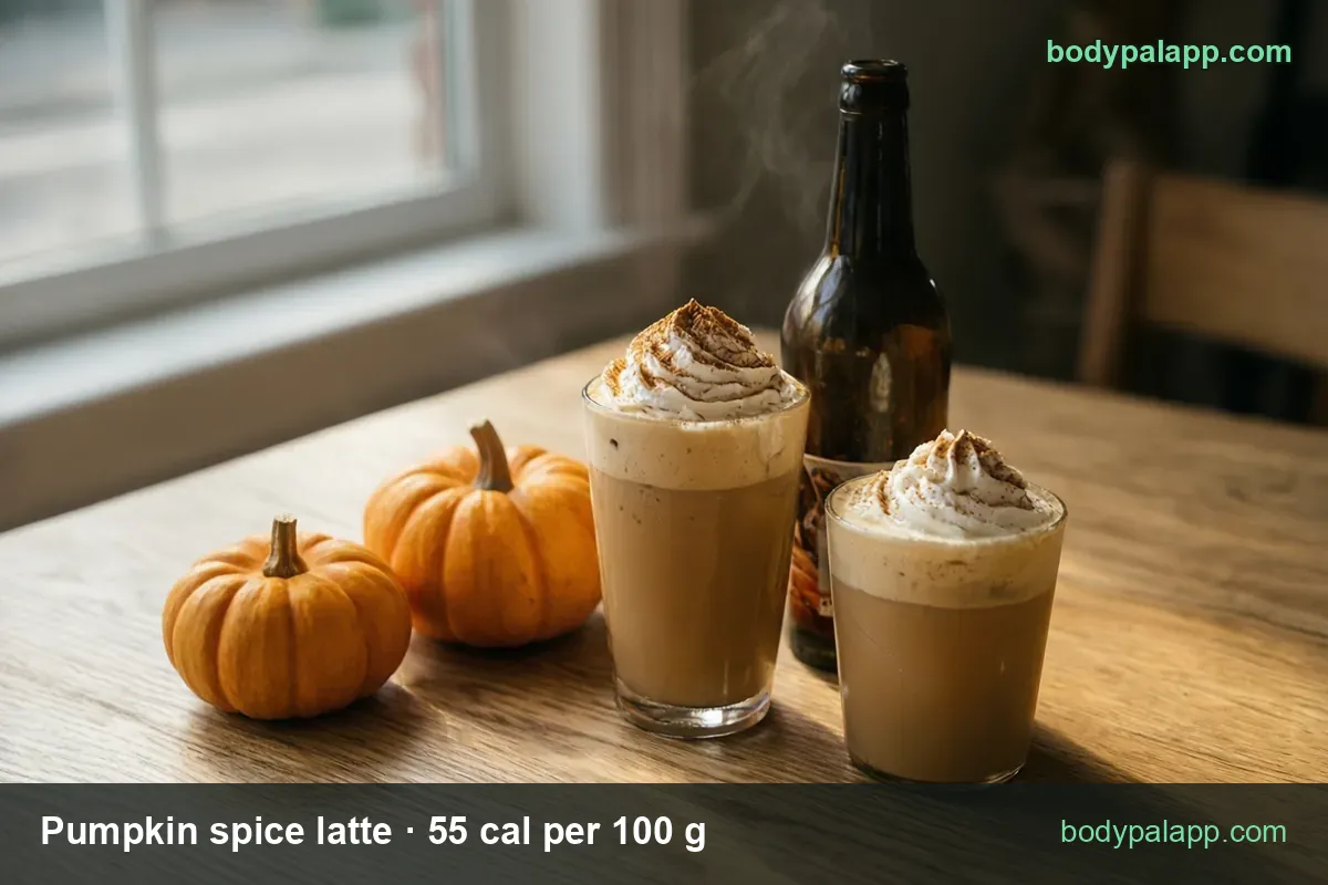 Pumpkin spice latte in a dark unlabeled bottle with 16 fl oz (496 g) 273 cal and 8 fl oz (248 g) 136 cal chips