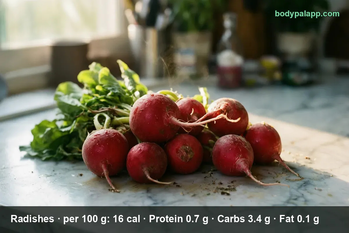 Bunch of about eight whole red radishes with green leaves and water droplets on a marble surface