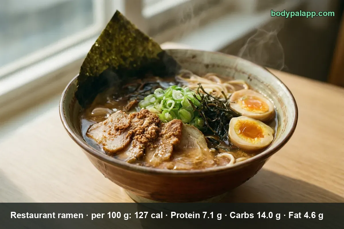 Close-up bowl of tonkotsu ramen with chashu pork, two marinated egg halves, scallions and nori, steam rising.