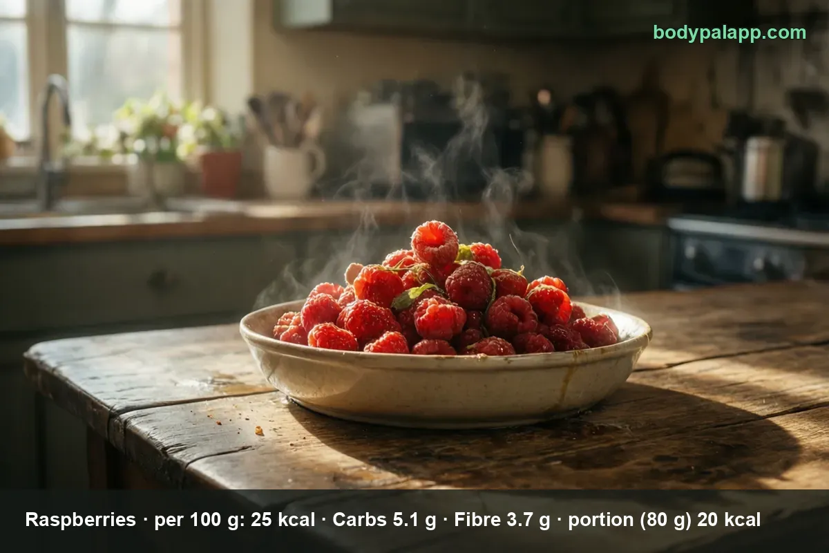 Fresh raspberries in a bowl - 20 calories per 80 g portion