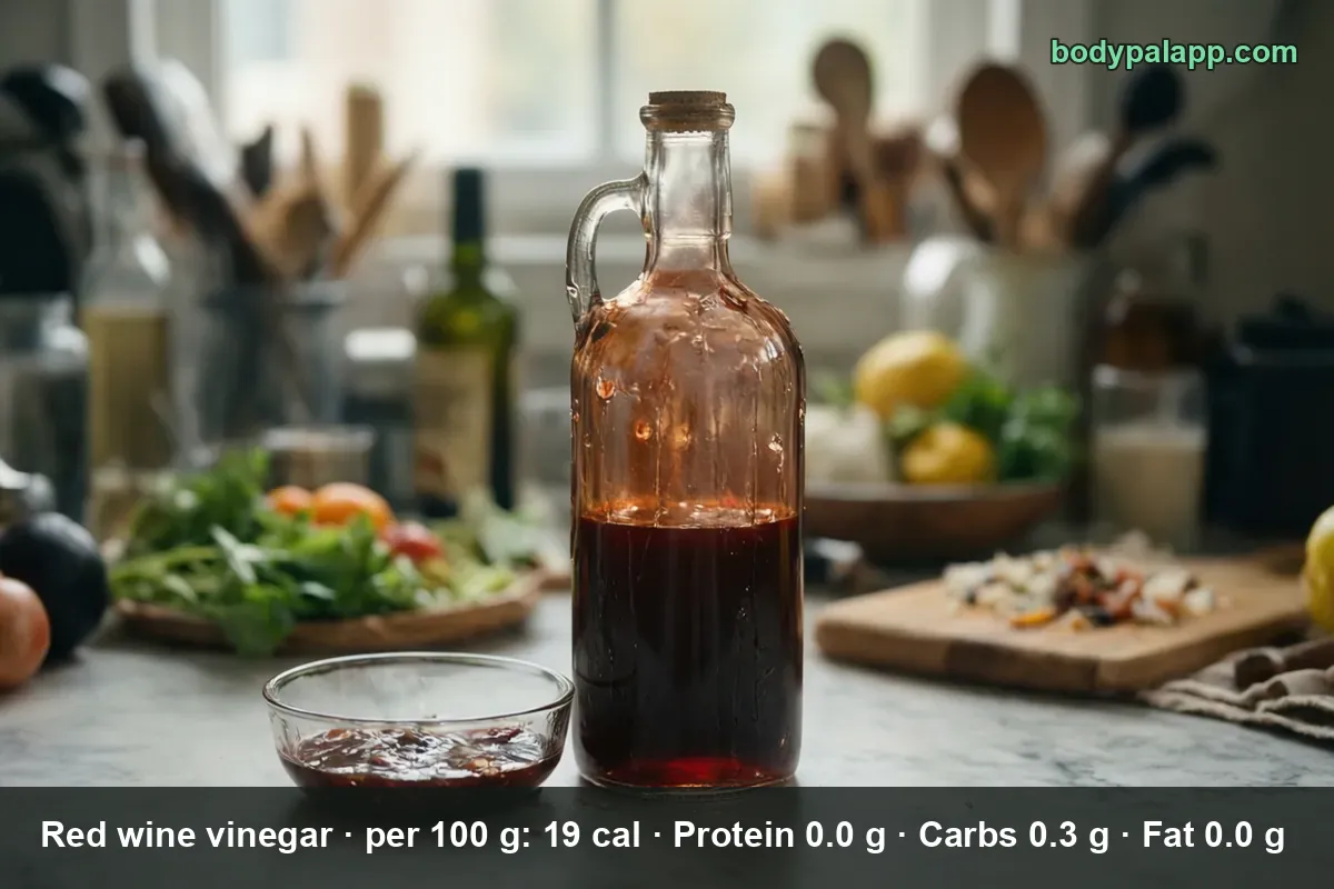 Tall glass bottle with a handle, half full of dark red vinegar, next to a small bowl of poured vinegar, no label