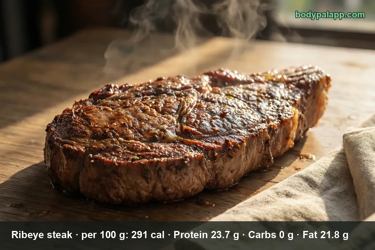A thick grilled ribeye steak resting on a wooden board