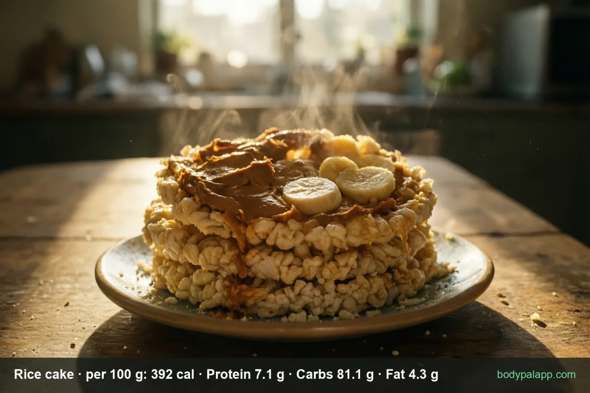Stack of four plain round rice cakes, the top one spread with peanut butter and topped with five banana slices.