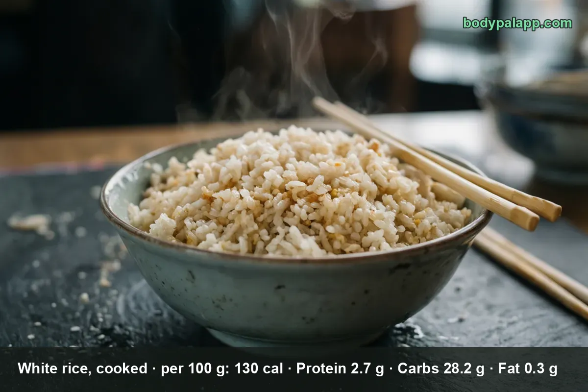 Ceramic bowl of steamed long-grain white rice with chopsticks - one cup cooked, 205 calories