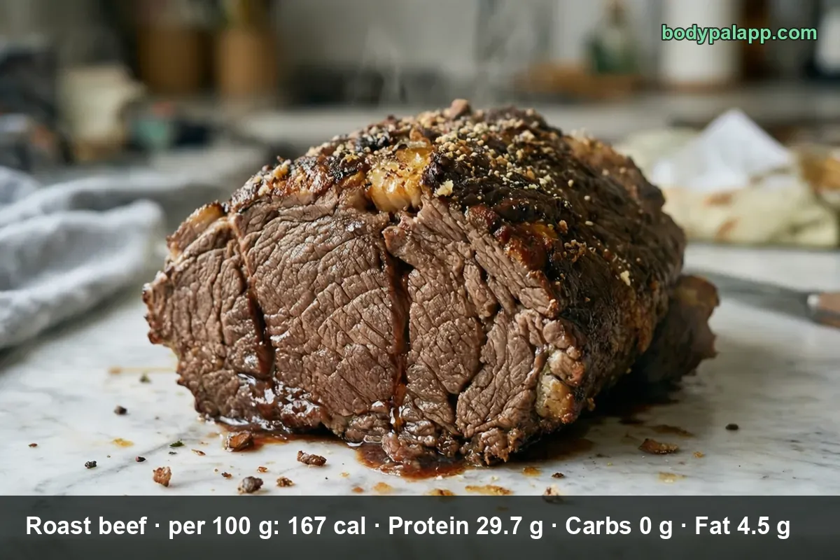 A whole well-done roast beef with a seasoned crust on a marble counter