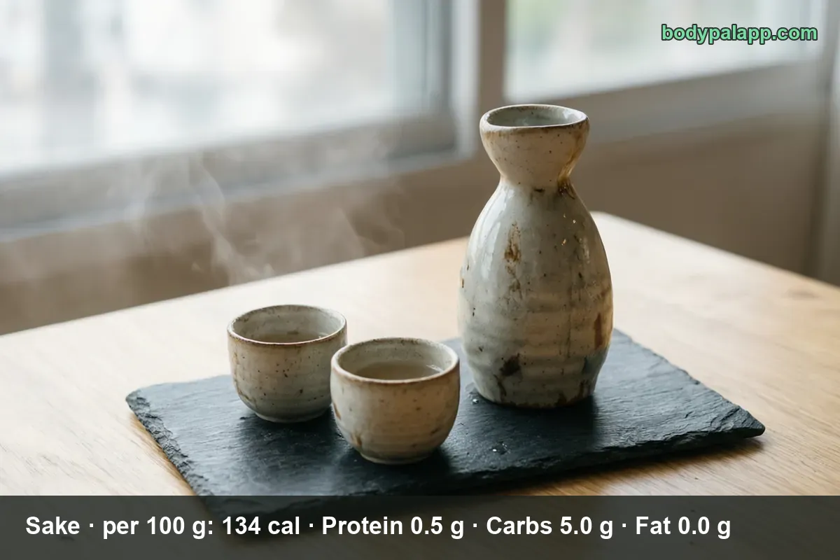 Ceramic sake flask and two small sake cups on dark slate with rising steam