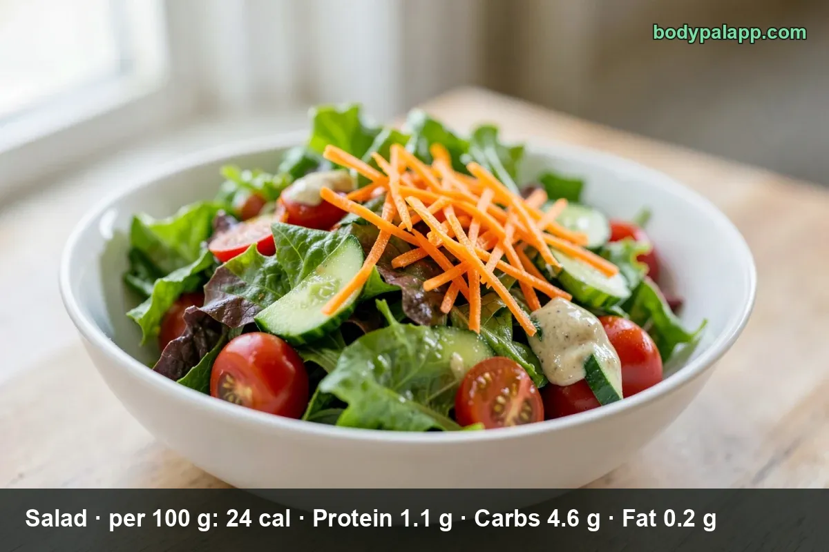 Bowl of green salad with cherry tomato halves and cucumber slices